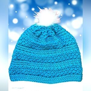 Hand Knit Pom Pom Beanie Aqua and White (Unisex)